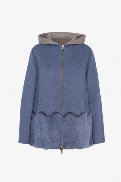 Cashmere jacket with hood,Mink,Blu,length 70cm