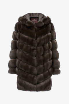 Coat in Sable fur,Dark color,with hood,length 94cm