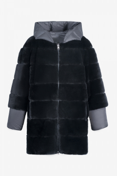 Rex Rabbit down jacket,reversible,Black,length 85cm