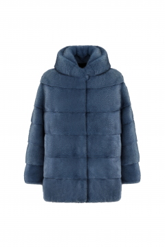 Mink jacket, hood, Blu Night, length 62cm
