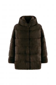 Mink jacket, hood, Demi Buff, length 62cm