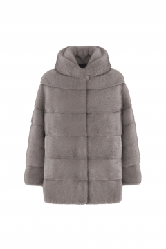 Mink jacket, hood, Silver Blue, length 62cm