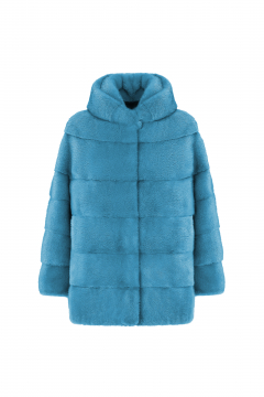 Mink jacket, hood, Turchese, length 62cm