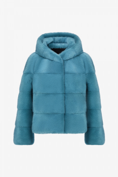 Mink jacket, hood, Turchese color, length 52cm