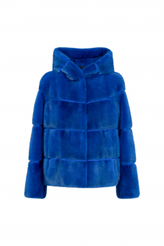 Mink fur jacket with hood,Blu Elettrico,length 60cm