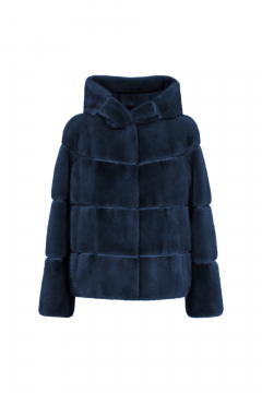 Mink fur jacket with hood,Blu Night,length 60cm