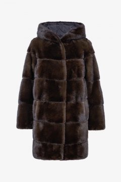 Reversible mink fur coat,hood,Mogano,length 85cm