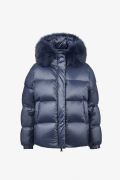 Hooded down jacket,water-repellent,Blu,length 70cm