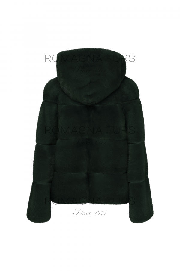 Mink fur jacket with hood, Rosso color, length 60 cm